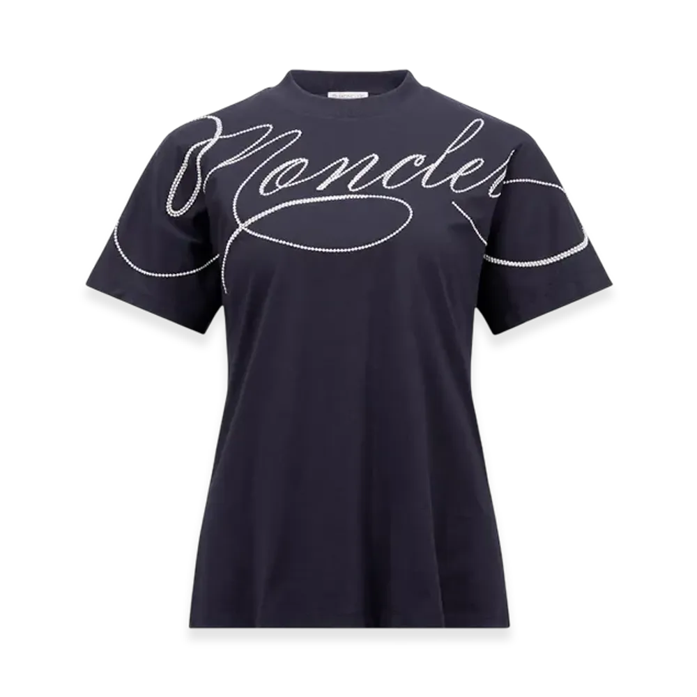 MONCLER Embroidered Cursive Logo Cotton T-Shirt "Navy Blue"