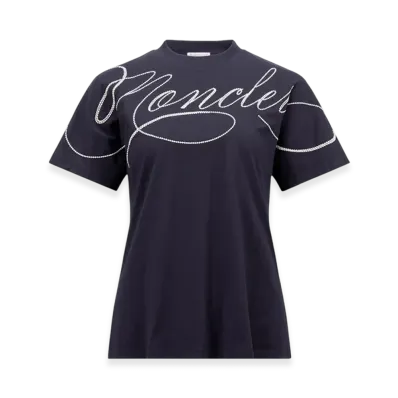 MONCLER Embroidered Cursive Logo Cotton T-Shirt "Navy Blue"