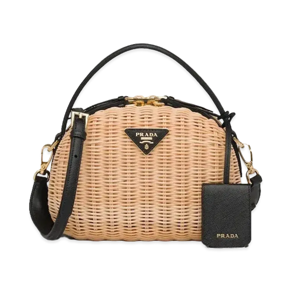 PRADA Wicker & Saffiano Leather Shoulder Bag "Beige/Black"