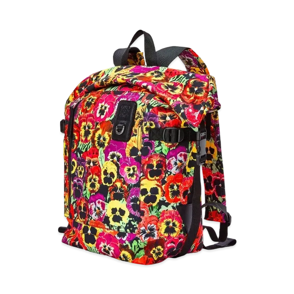 LOEWE Pansies Roll Top Backpack In Nylon "Black / Multicolor"
