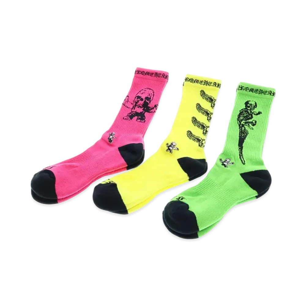 Chrome Hearts 3PK Foti Socks "Pink/Yellow/Green"