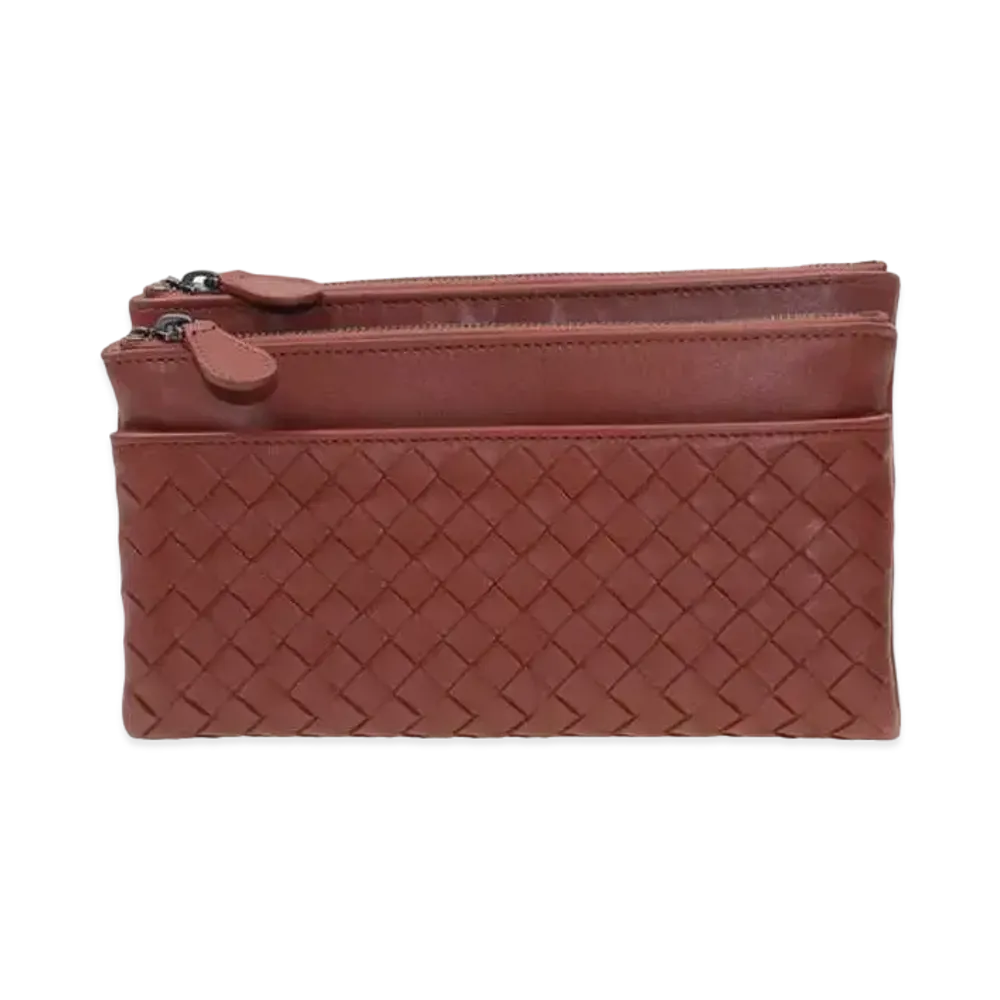 Bottega Veneta Intrecciato Lambskin Long Zipper Wallet "Burned Red"
