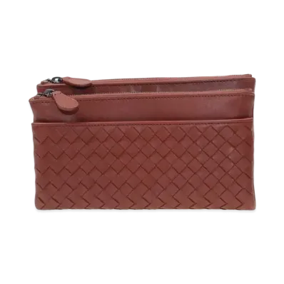 Bottega Veneta Intrecciato Lambskin Long Zipper Wallet "Burned Red"