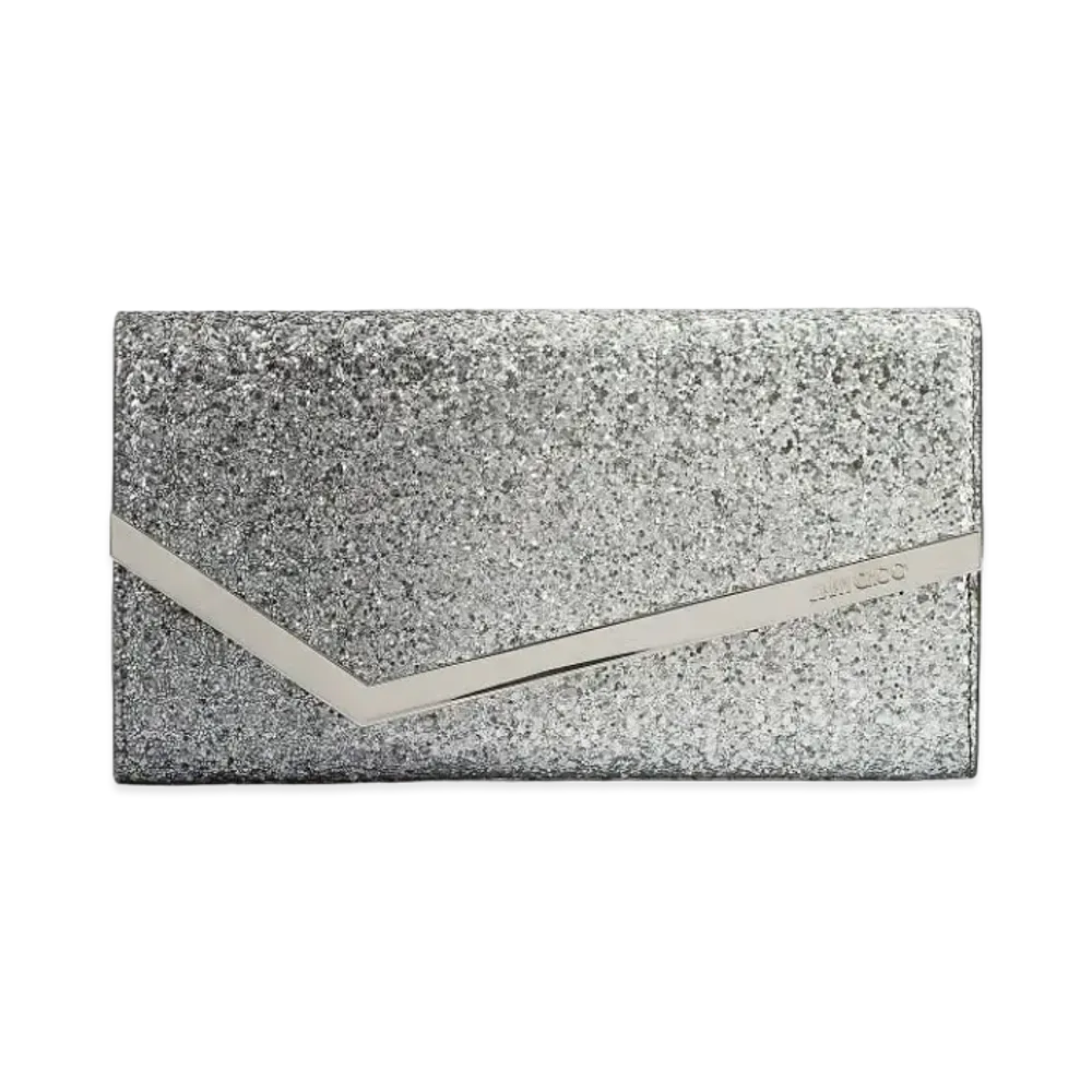 Jimmy Choo Emmie Gradient Dazzling Coarse Glitter Fabric Clutch Bag "Anthracite/Silver"