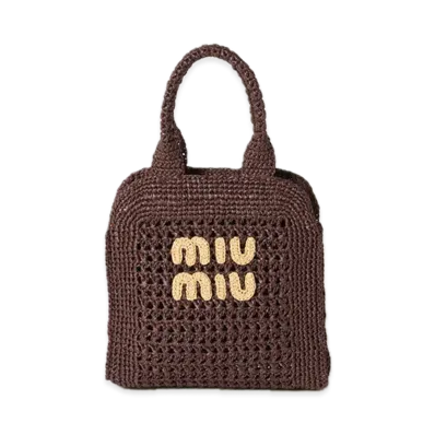 MIU MIU Raffia-Effect Woven Tote Bag "Brown"