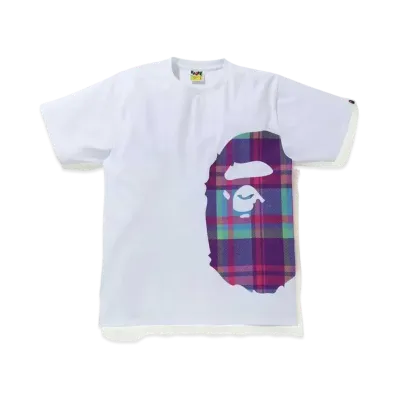 A BATHING APE CHECK SIDE BIG APE HEAD TEE "White/Purple"