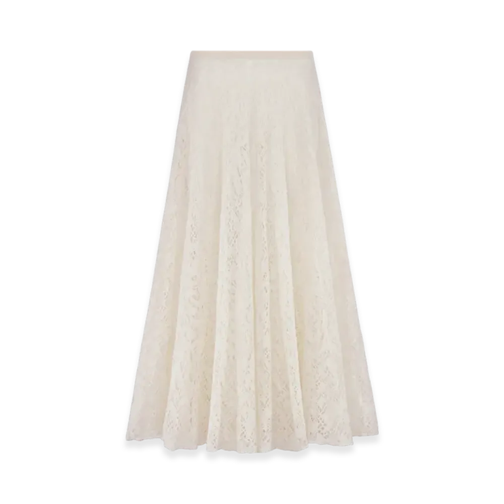 Dior Women's Mohair and Alpaca Blend Lace Flared Mid Length Skirt "Ecru"