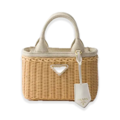 PRADA Mini Wicker x Linen-Blend Tote Bag "Beige/White"