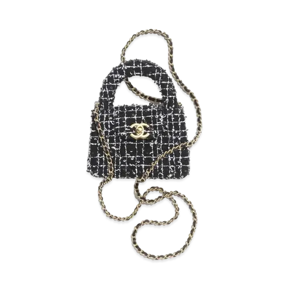 CHANEL Clutch with Chain Sequin Embroidered Tweed "Black/White"