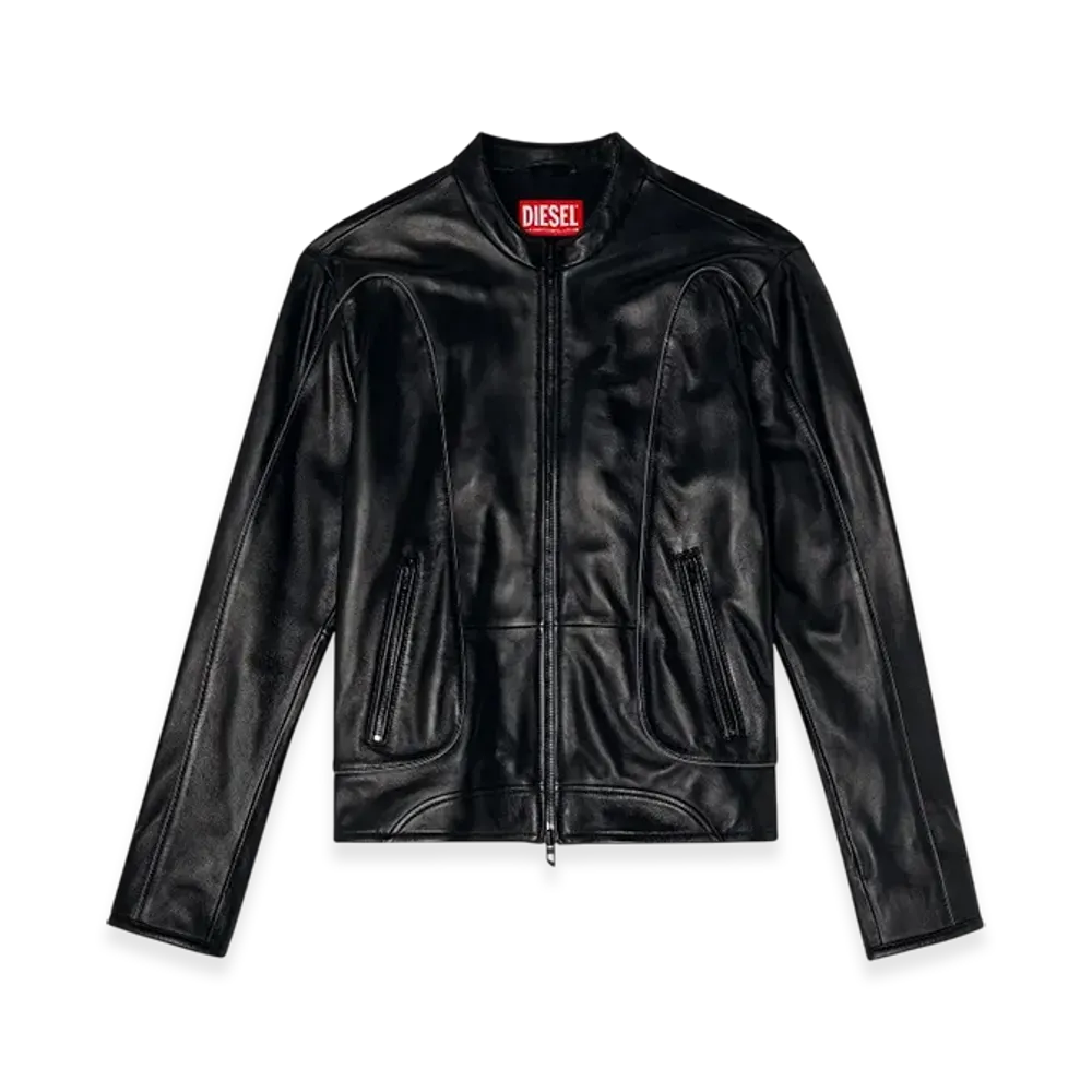 Diesel L-Krixy Leather Biker Jacket With Piping Detail "Black"