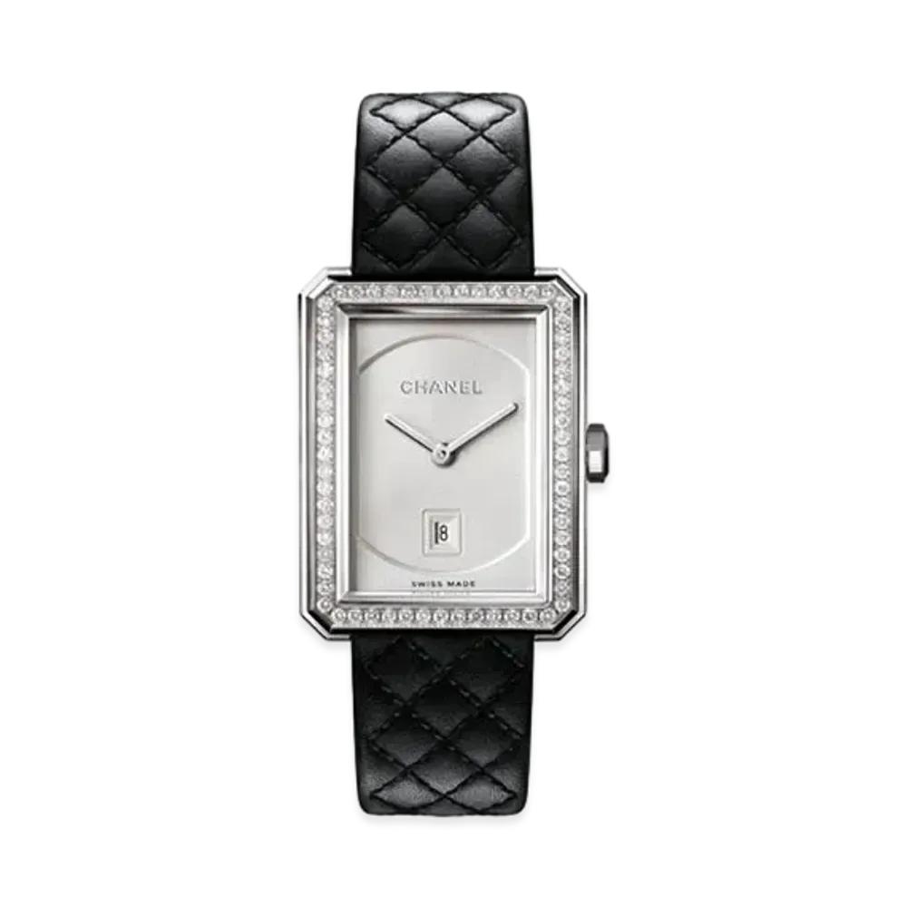 CHANEL Boy Friend Watch Medium Version Steel and Diamonds Quilted Pattern Calfskin Strap and Second Strap Included