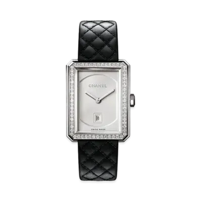 CHANEL Boy Friend Watch Medium Version Steel and Diamonds Quilted Pattern Calfskin Strap and Second Strap Included