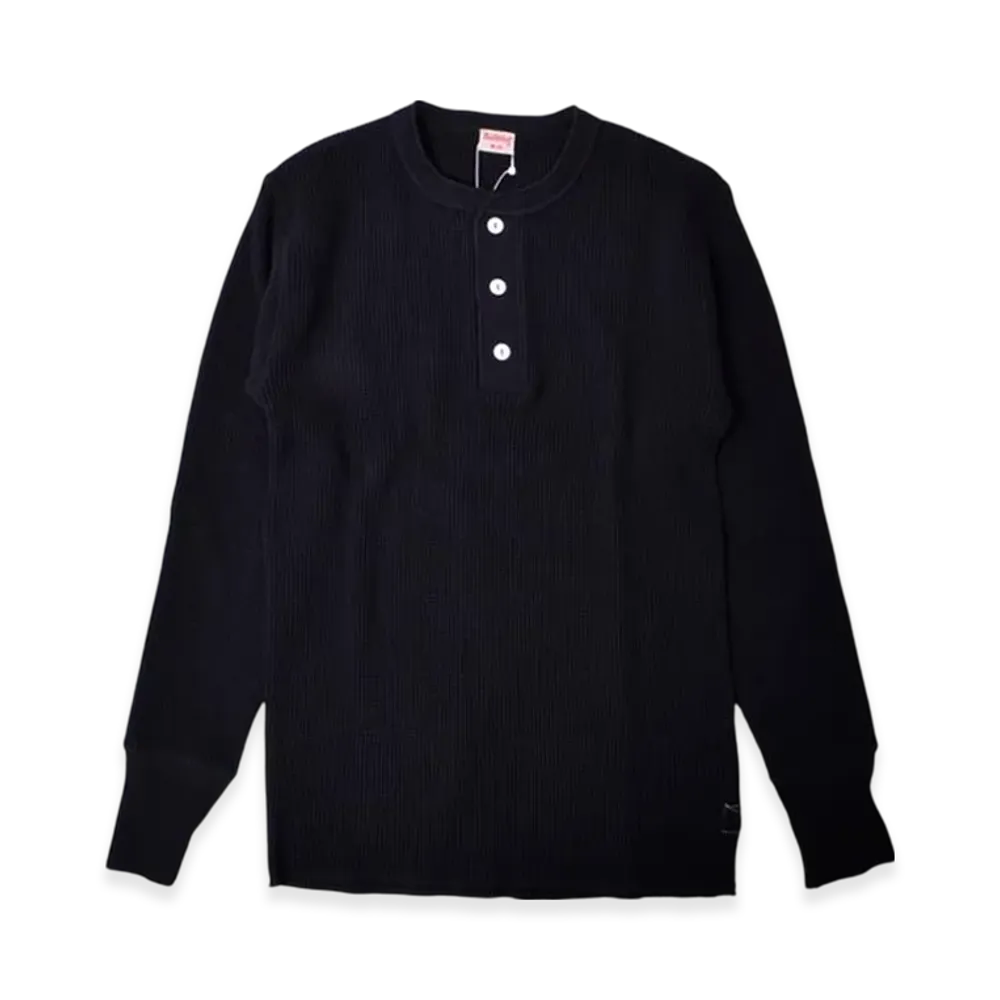 Healthknit Super Heavy Waffle Henley Neck Long Sleeve T-Shirt "Black"