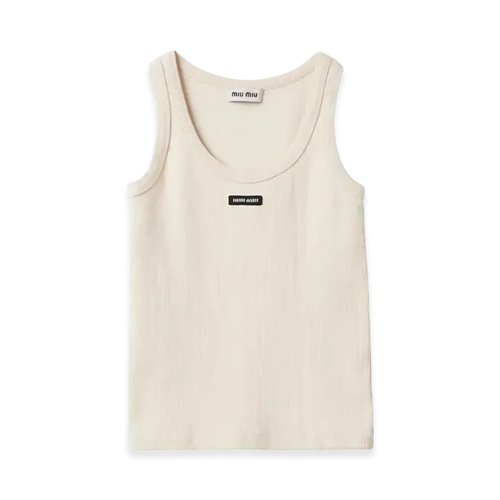MIU MIU Women's Garment Dyed Ribbed Knit Jersey Top "Natural"
