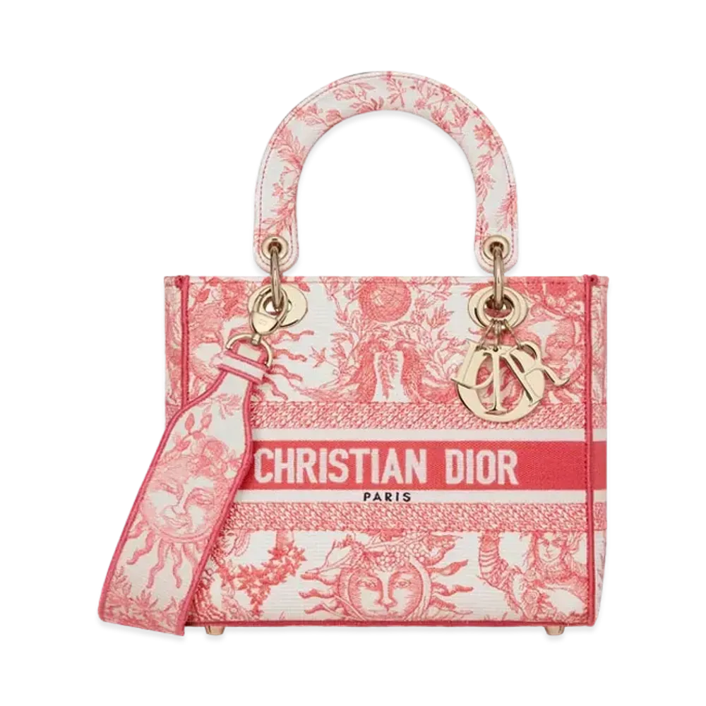 Dior Dioriviera Medium Lady D-Lite Bag Toile de Jouy Soleil Embroidery "Coral"