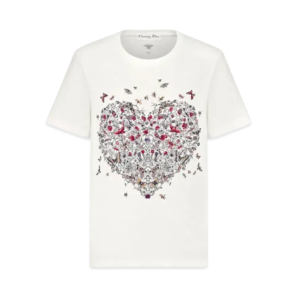 Dior Dioramour Embroidered T-Shirt Cotton and Linen Jersey with Coeur des Curiosites Motif "White/Multicolor"