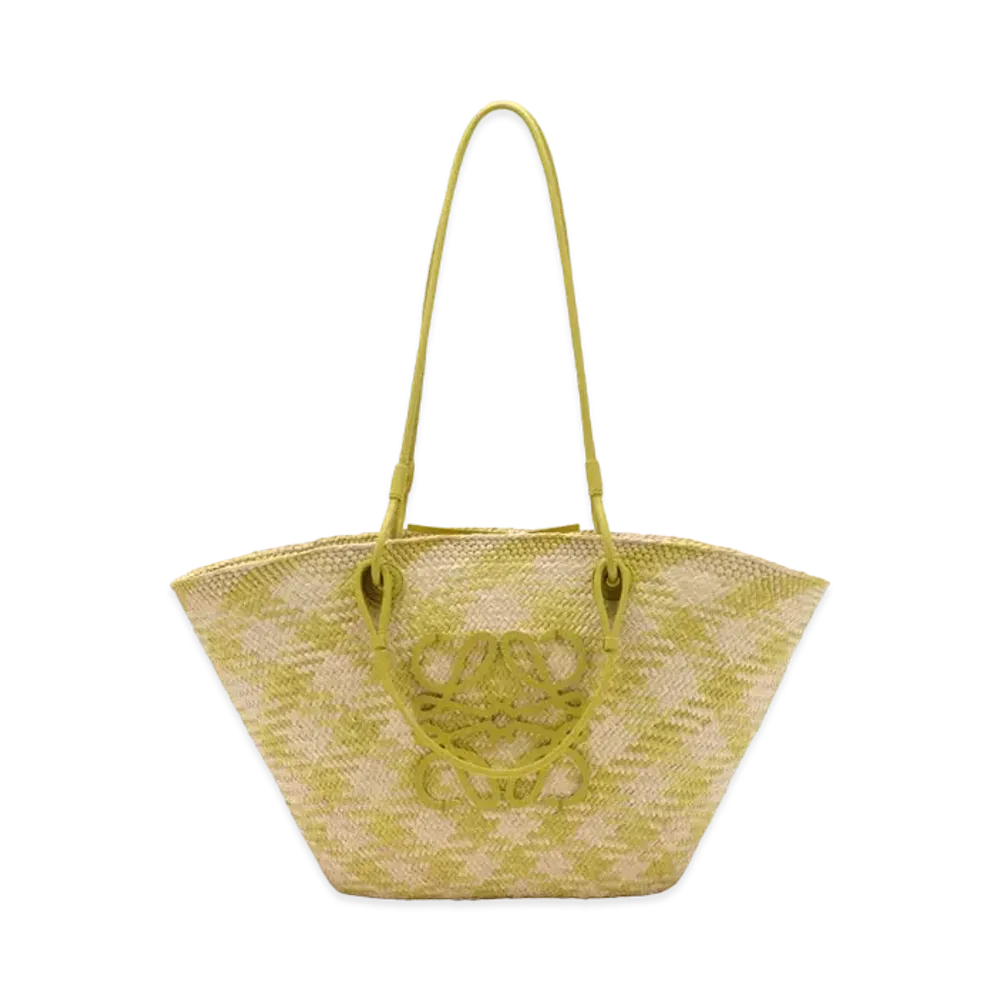 LOEWE Anagram Basket Bag Medium In Iraca Palm and Calfskin "Natural/Lime Green"