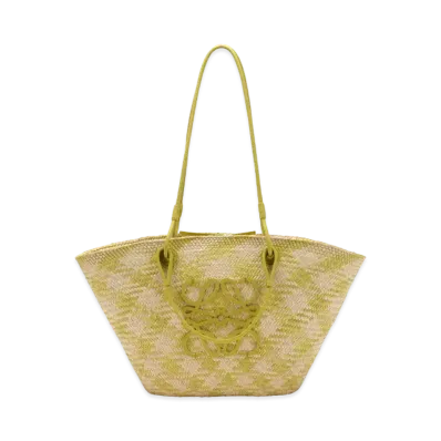 LOEWE Anagram Basket Bag Medium In Iraca Palm and Calfskin "Natural/Lime Green"