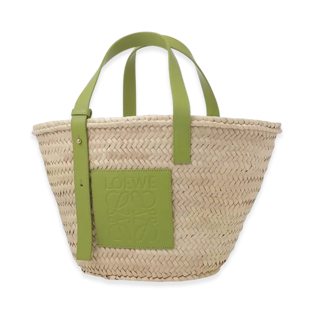 LOEWE Basket Bag In Palm Leaf And Calfskin "Natural/Meadow Green"