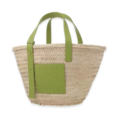 LOEWE Basket Bag In Palm Leaf And Calfskin "Natural/Meadow Green"