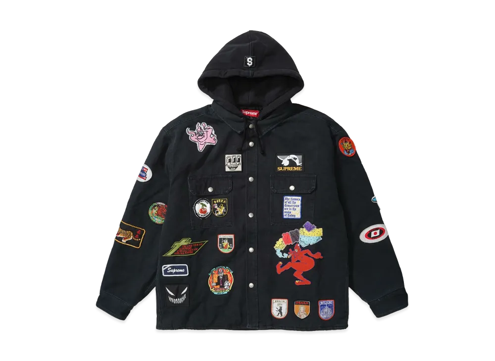 Supreme Patches Hooded Zip Up Shirt "Black"