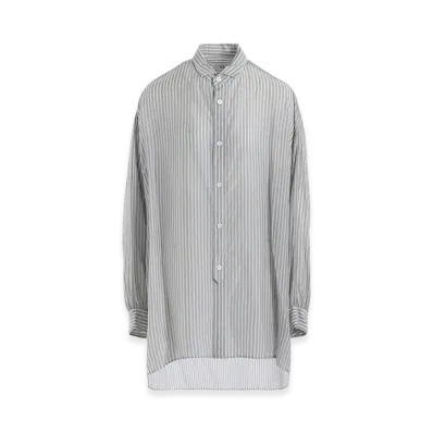 Y's Cupro Stripe Design Collar Big Blouse "Blue Grey"