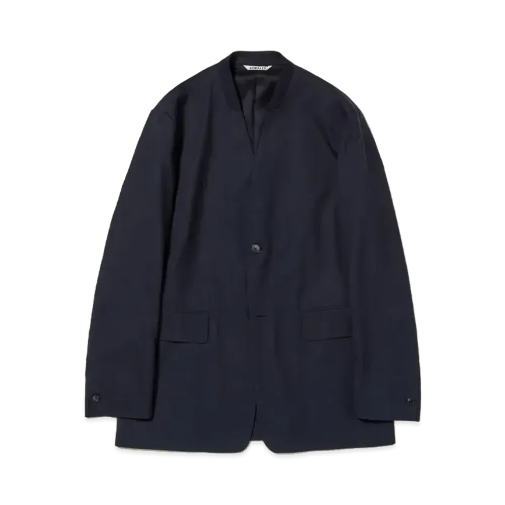 AURALEE Super Fine Tropical Wool No Collar Jacket "Dark Navy"