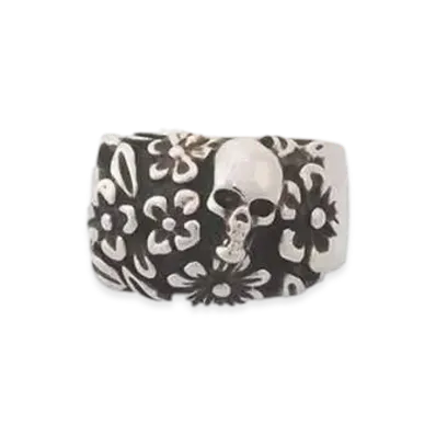 Alexander McQUEEN Floral Skull Ring "Antique Silver"