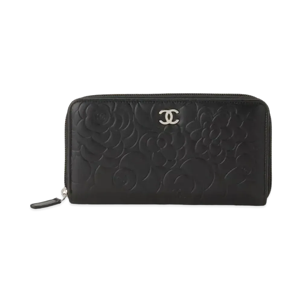 CHANEL Camellia Round Fastener Lamb Skin Wallet "Black"
