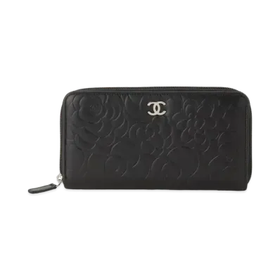 CHANEL Camellia Round Fastener Lamb Skin Wallet "Black"