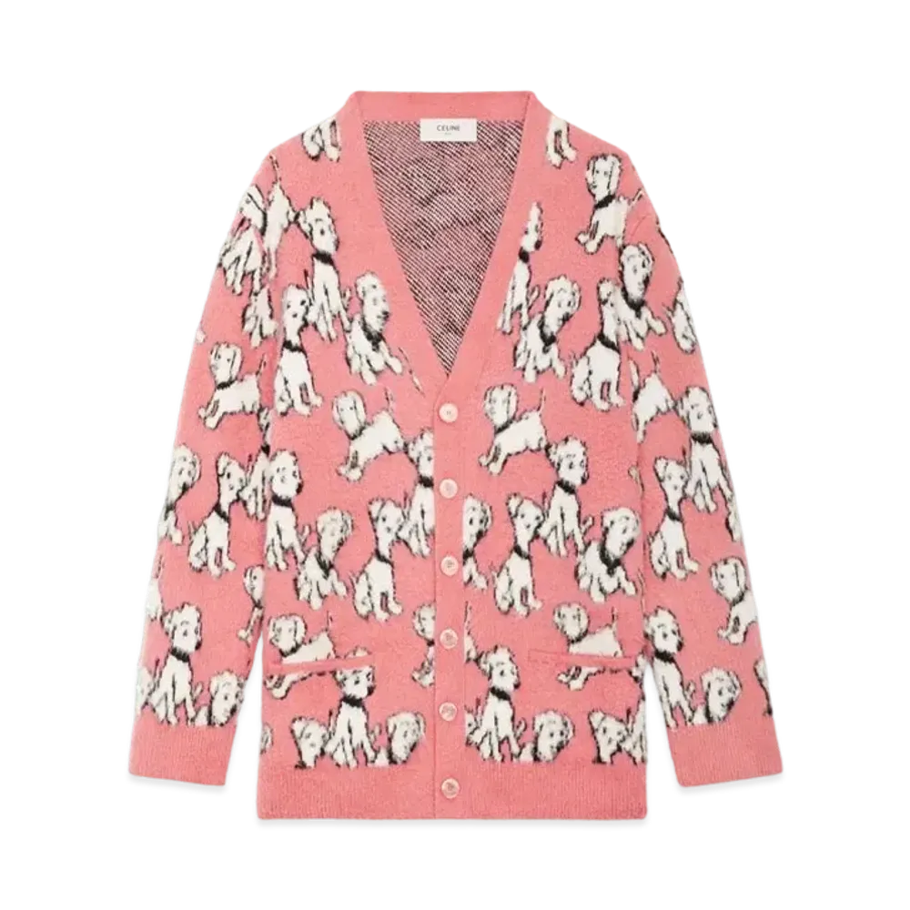 CELINE Artist Jacquard Cardigan In Brushed Cotton "Bright Pink"