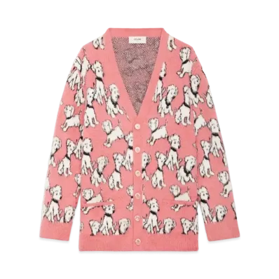 CELINE Artist Jacquard Cardigan In Brushed Cotton "Bright Pink"