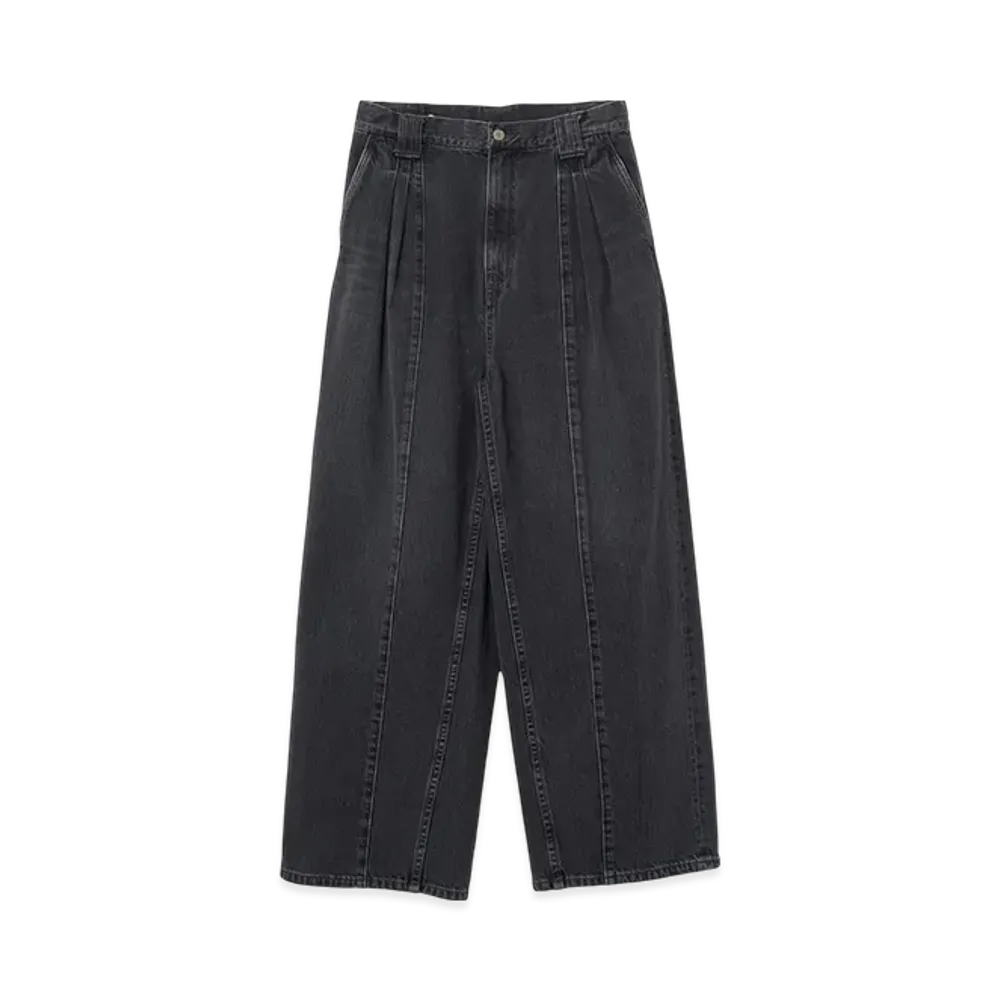 YOKE 12OZ Cotton Bleached Denim Wide-Leg Baggy Pants "Black"