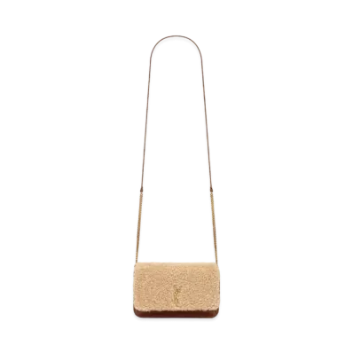 SAINT LAURENT Monogram Phone Holder With Strap In Shearling And Smooth Leather "Natural Beige/Brick"