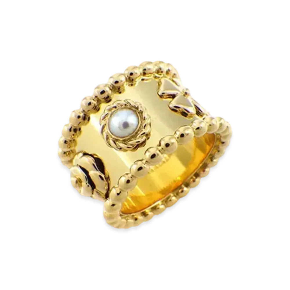 CHANEL Three Symbol Wide Ring 6 Motif Camelia Clover "Yellow Gold"