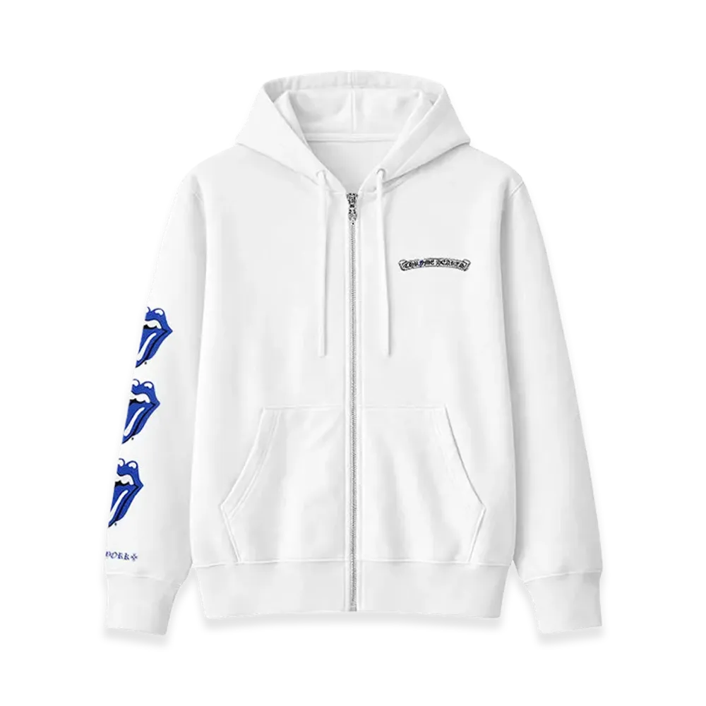 Chrome Hearts Rolling Stones Script Logo Zip Up Hoodie "White"