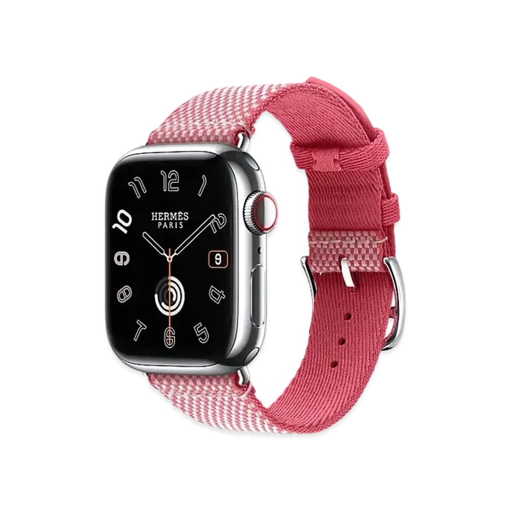 Apple Watch x Hermes Series 9 (GPS + Cellular Model) Stainless 41mm and Single Tour Toile H "Rose Framboise/Ecru"