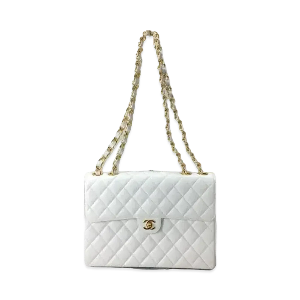 CHANEL Deca Matelasse Single Flap W Chain Caviarskin "White/Gold"