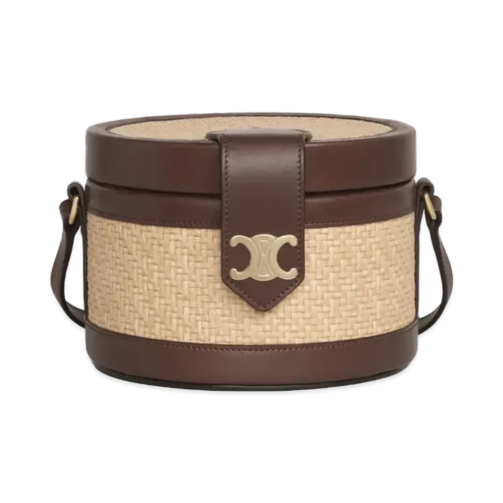 CELINE Medium Tambour Bag in Braided Textile façon Raffia and Calfskin "Natural/Brown"