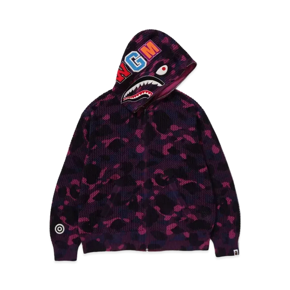 A BATHING APE Color Camo Crochet Relaxed Fit Shark Full Zip Hoodie "Purple"