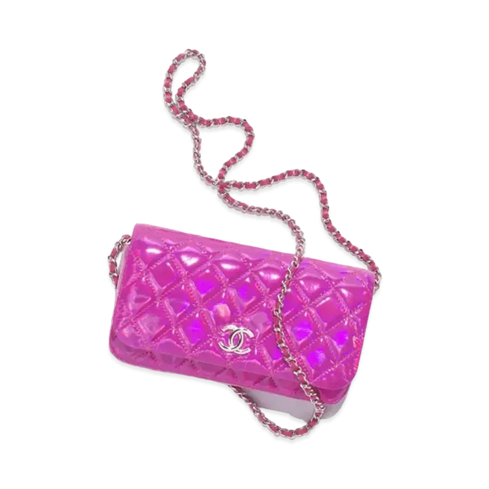 CHANEL Clutch With Chain Iridescent Mirror Goatskin & Silver Tone Metal "Fuchsia"