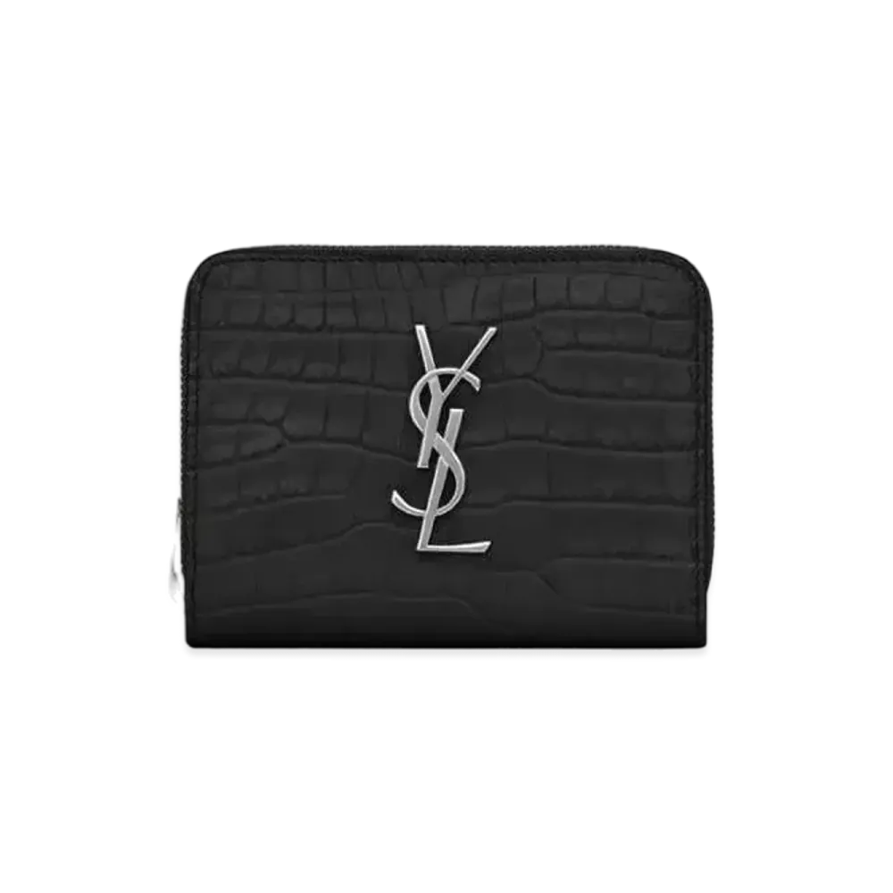 Saint Laurent Monogram Compact Zip Around Wallet In Crocodile Embossed Shiny Leather "Black"