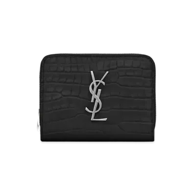 Saint Laurent Monogram Compact Zip Around Wallet In Crocodile Embossed Shiny Leather "Black"