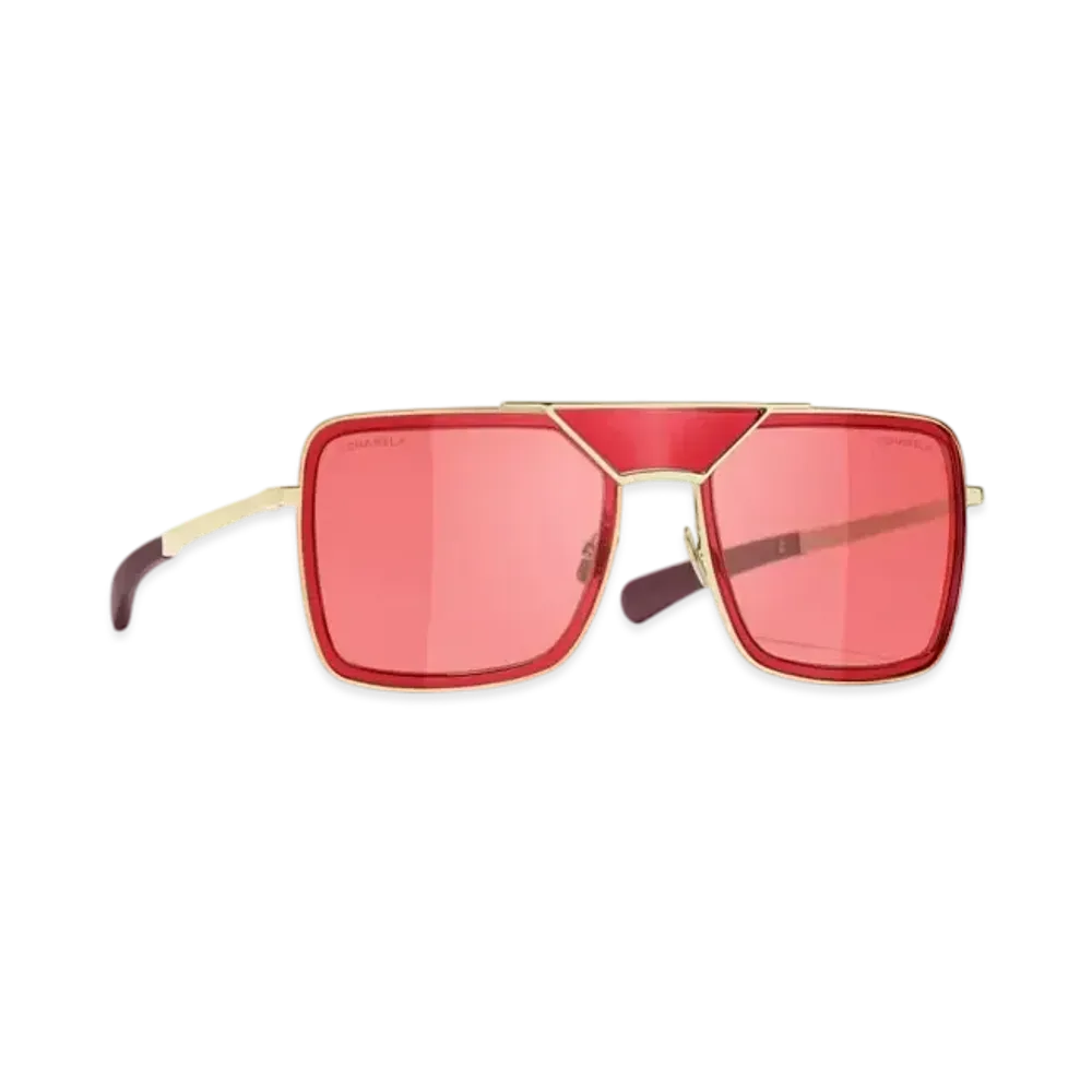 CHANEL Pilot Sunglasses Metal & Calfskin "Light Gold/Red"