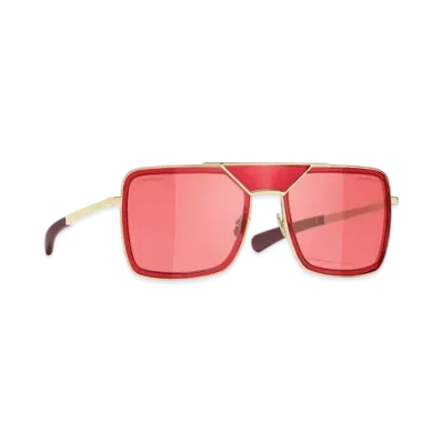 CHANEL Pilot Sunglasses Metal & Calfskin "Light Gold/Red"