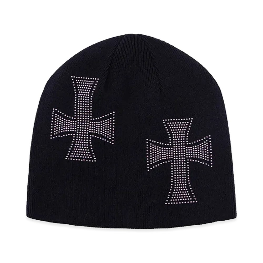 Unknown London Cross Rhinestone Beanie "Black/Pink "