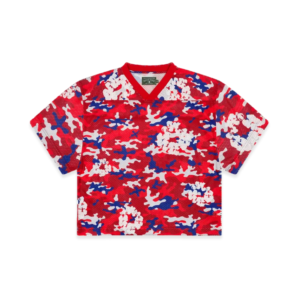DENIM TEARS Camo Cotton Wreath Mesh Football Top "Red"