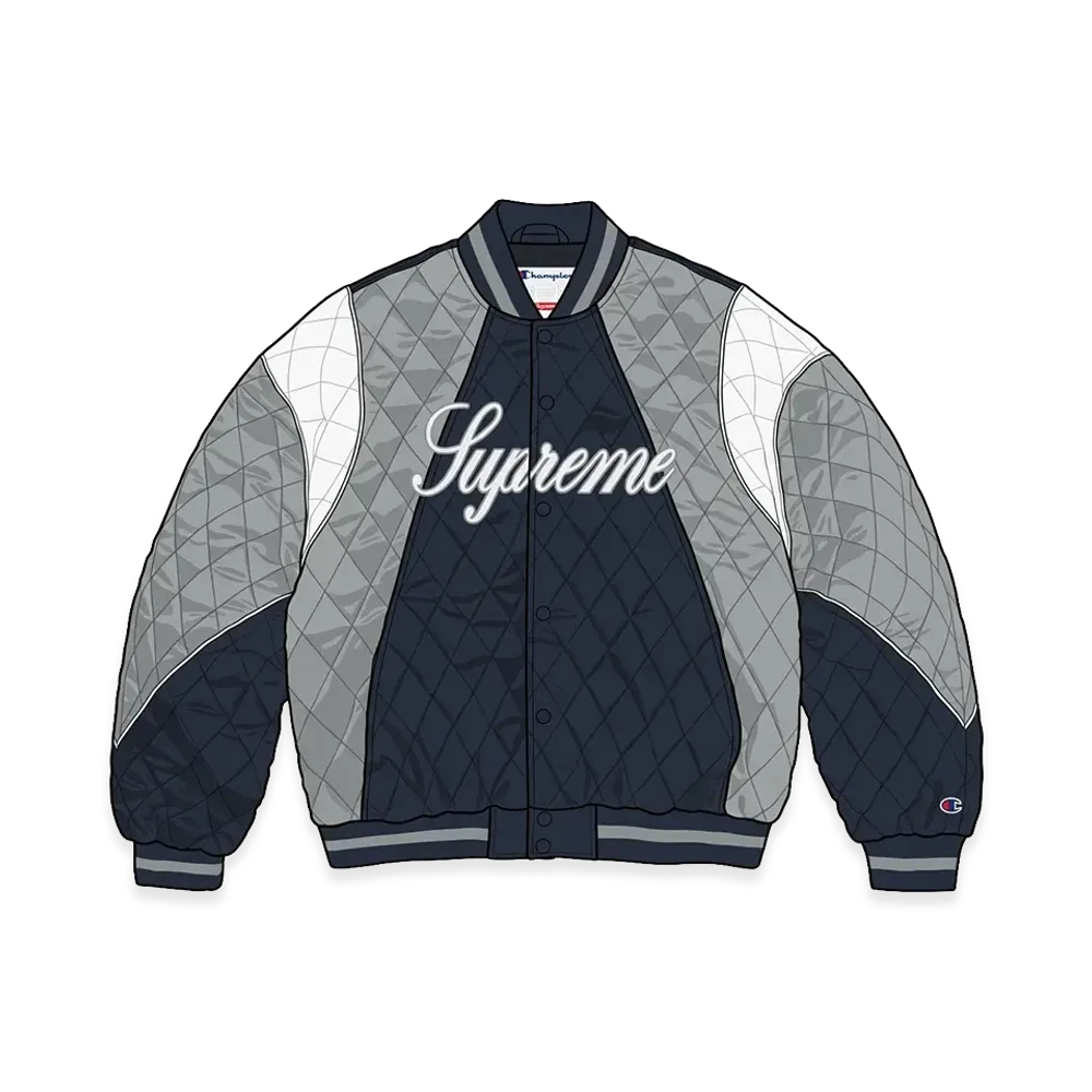 Supreme x Champion Quilted Satin Varsity Jacket "Navy"