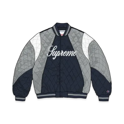 Supreme x Champion Quilted Satin Varsity Jacket "Navy"