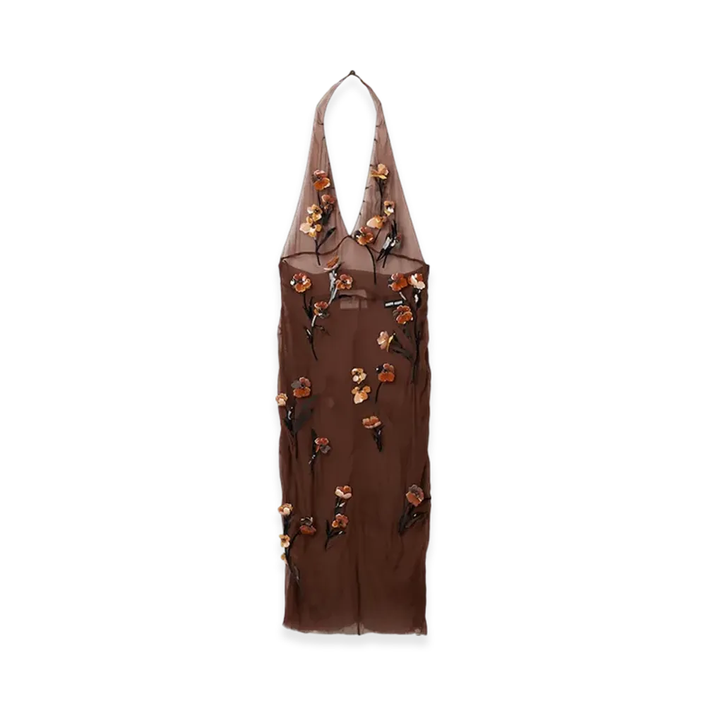 MIU MIU Women's Chiffon Dress with Floral Embroidery "Cocoa Brown"